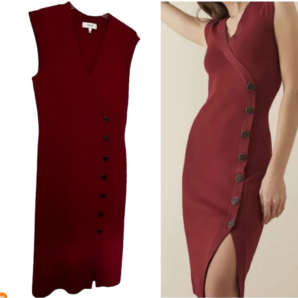 Reiss Dress Women's Large Dark Red Knitted Bodycon Eleni Button Accent Career